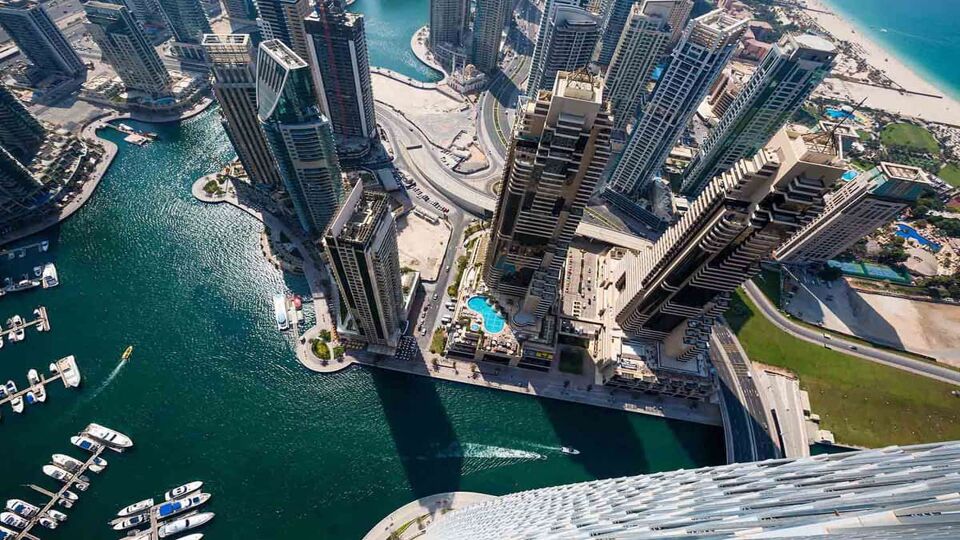 Dubai skyscrapers from above. Incredible Dubai view. Futuristic skyline. Dubai Marina aerial view. Skyscraper view.
