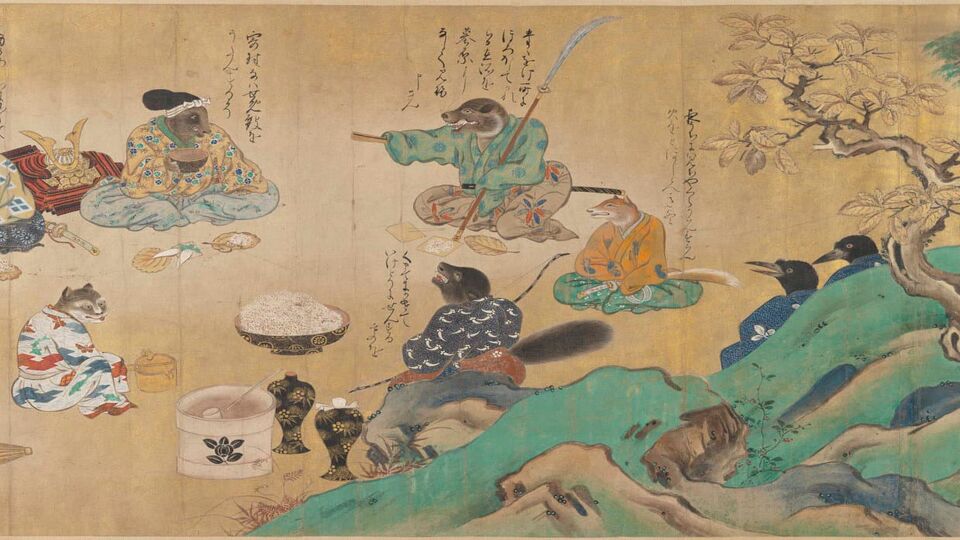 Close up of a Japanese painted handscroll 'Poetry Contest of the Zodiac Animals'