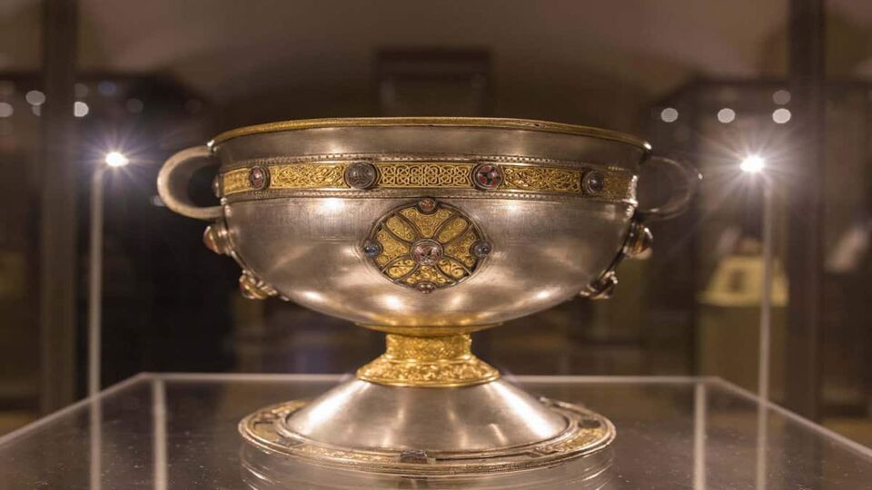 Close up of the Ardagh Chalice, a metalwork goblet