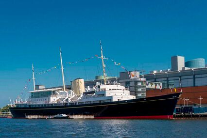 Exterior view of the Royal Yacht Britannia from front side angle