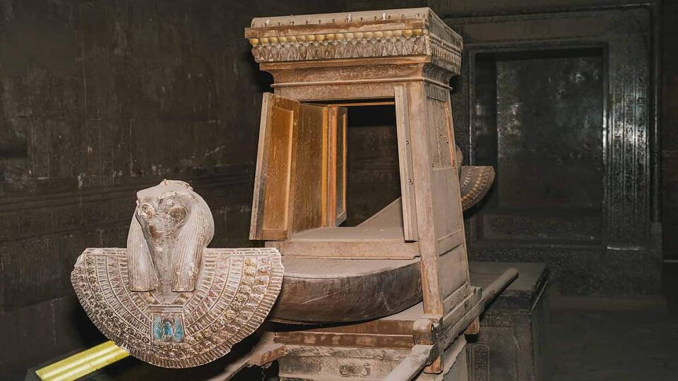 Reconstruciton of the Sacred Barge of Horus or Solar Bark and Shrine of Nectanebo in the Inner Sanctuary of Edfu Temple of Horus, Egypt