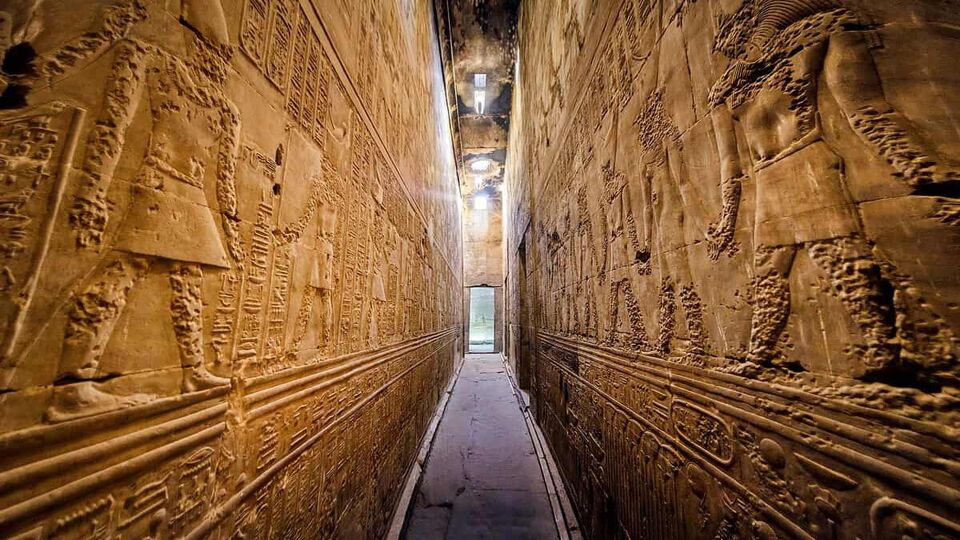 Interior corridor of the ancient egyptian Temple of Horus at Edfu, Egypt.