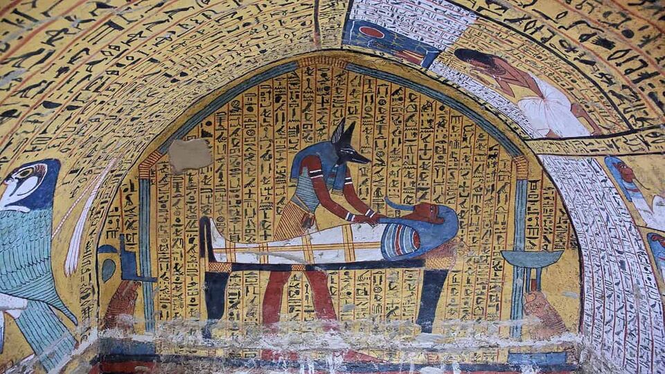 Wall painting and decoration of the tomb: ancient Egyptian gods and hieroglyphs in wall painting