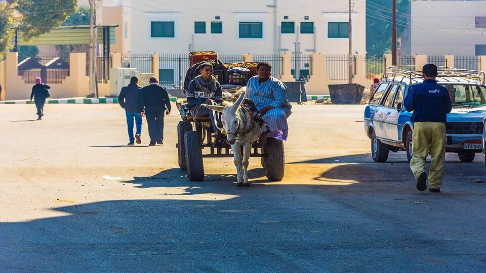 Daily life in the streets of Luxor. People in traditional clothes, old cars, donkey carts and horse horse-drawn carriage