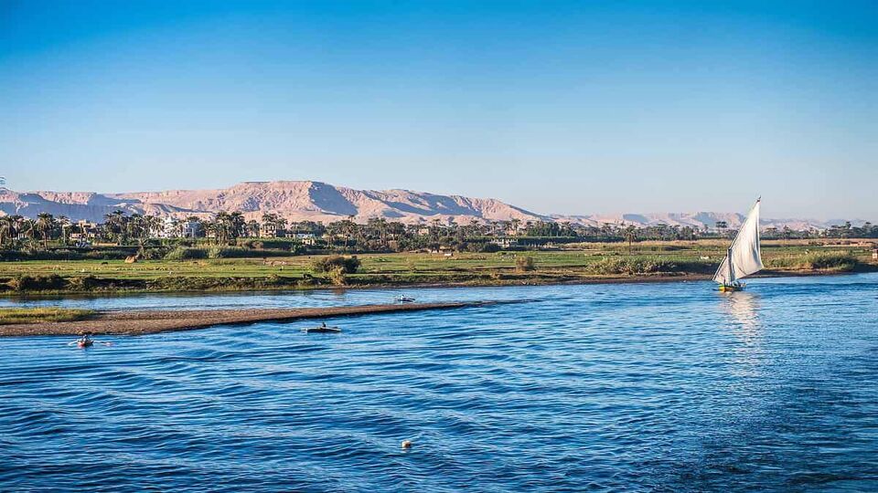 Coastline of the river NIle near Luxor. Nile is 6,853 km long. The Nile is an "international" river shared by eleven countries