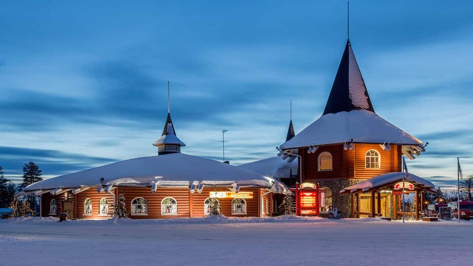exterior o buildings in Santa Claus village in Finnish Lapland