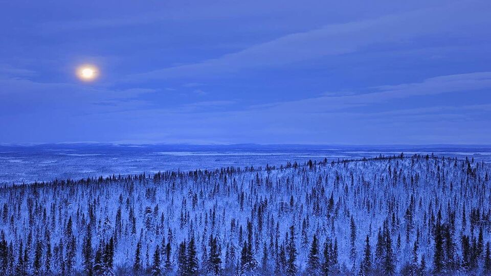 Midnight sun over landscape in Finnish Lapland
