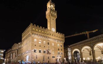 night view of Old Palace (Palazzo Vecchio) in Florence, Italy