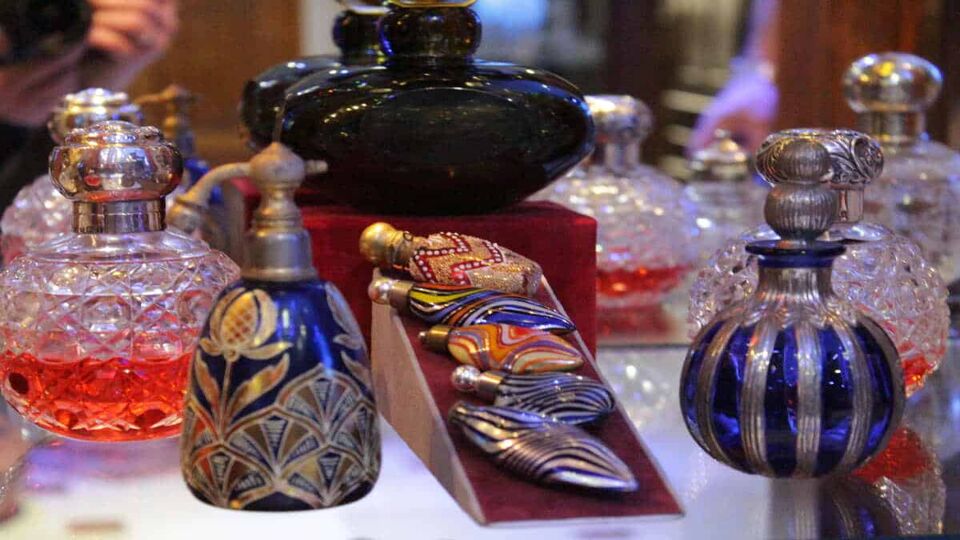 Close up of colourful perfurme bottles