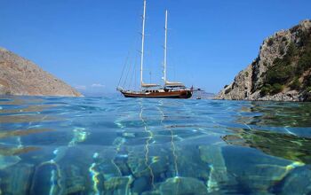 Sea level photo from iconic beach of Agios Georgios with turquoise clear waters, Symi island, Dodecanese, Greece