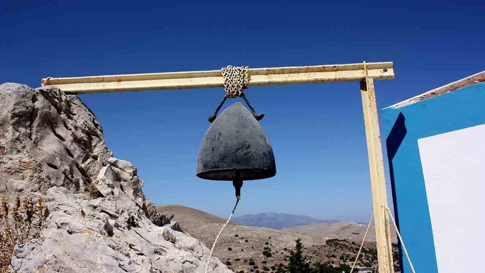 A bell made from an unexploded WWII shell, at Megáli Panagía church, in Chorio.