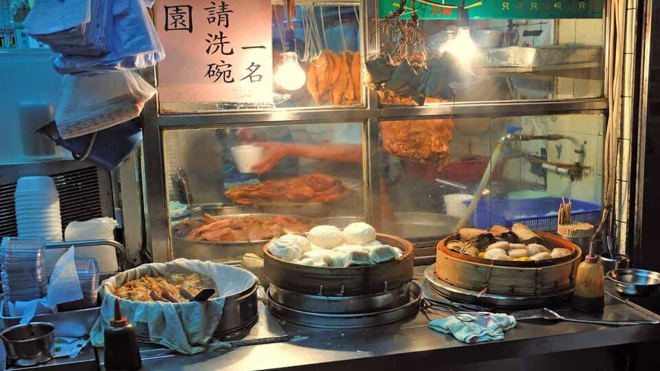 Interior of a restaurant with dim sum on sale