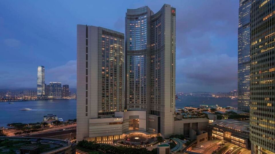 Exterior of the hotel at dusk