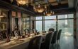 Luxury wood panelled dining room with harbour views