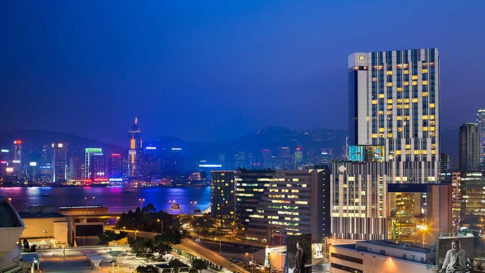 Exterior of the hotel from afar at night