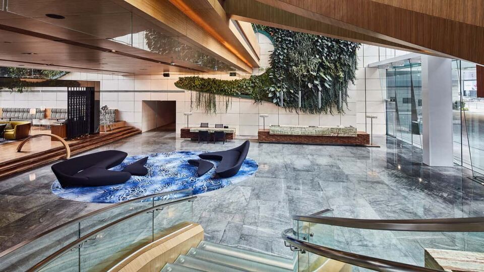 Stylish lobby area with large glass panels and modern design