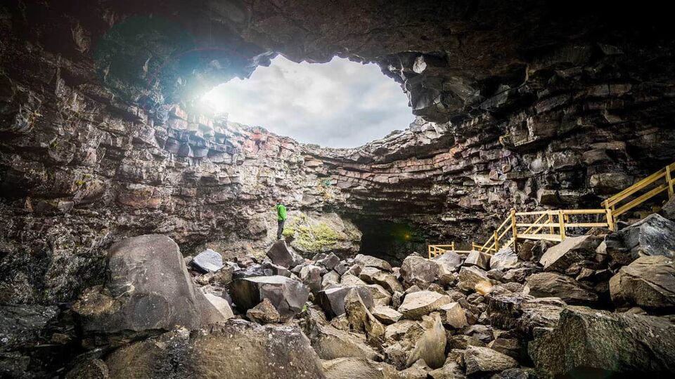 Exit of a lava tunnel at a cave mouth