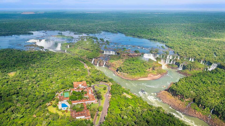 Beautiful aerial view of Iguazu Falls from the helicopter ride, one of the Seven Natural Wonders of the World - Foz do IguaÃ§u, Brazil