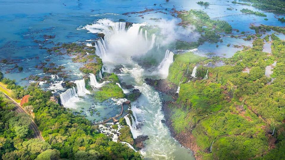 Beautiful aerial view of Iguazu Falls from the helicopter ride, one of the Seven Natural Wonders of the World - Foz do IguaÃ§u, Brazil