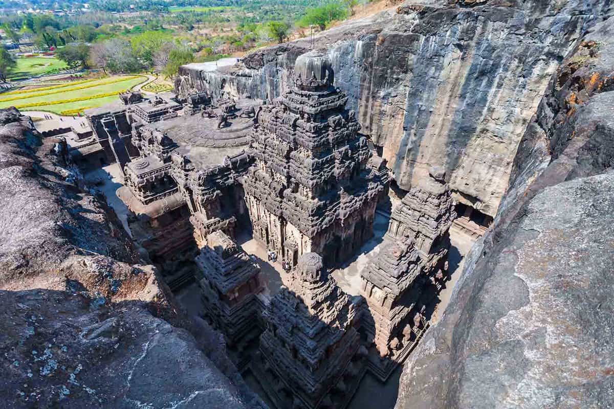 Aerial view of a large temple cut down into the rock