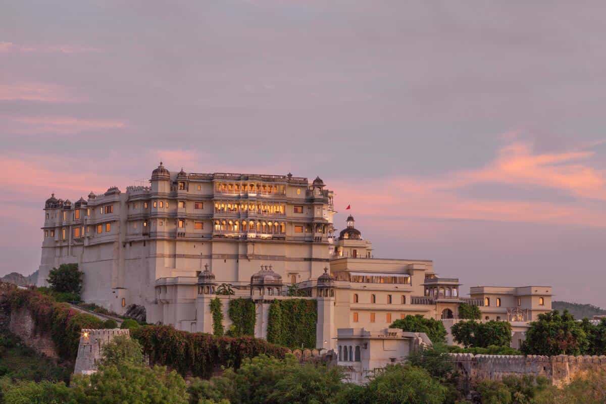 Exterior of the Raas Devigarh palace hotel, Udaipur, at sunset