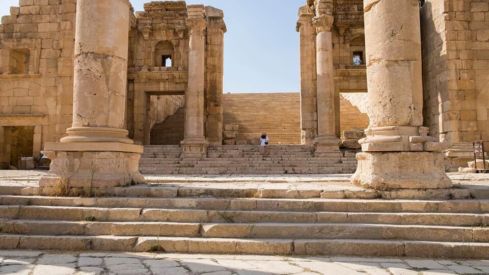 close up of a ruined Roman temple at the Roman ruins of Jerash
