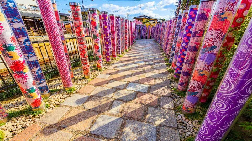 Rows of colourful poles