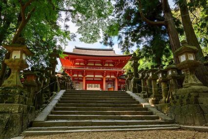 Red temple in forest