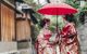 Geisha woman share umbrella