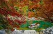 Autumn leaves and boat in shallow river