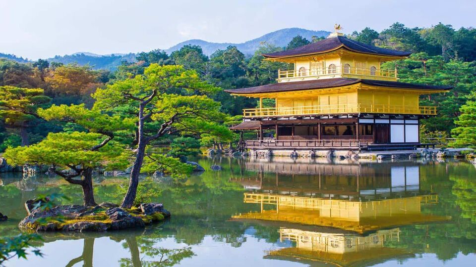 Yellow temple pavilion by lake