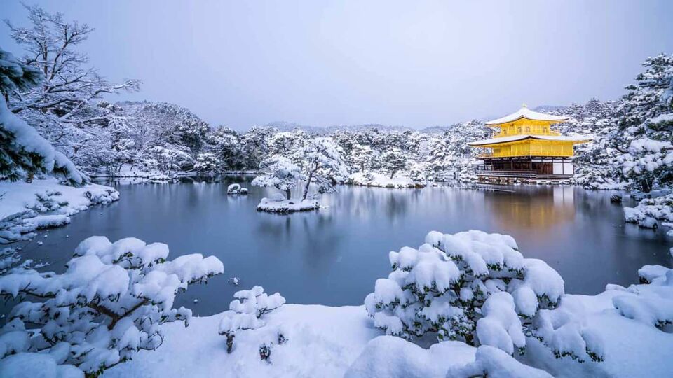 Temple and lake covered in snow