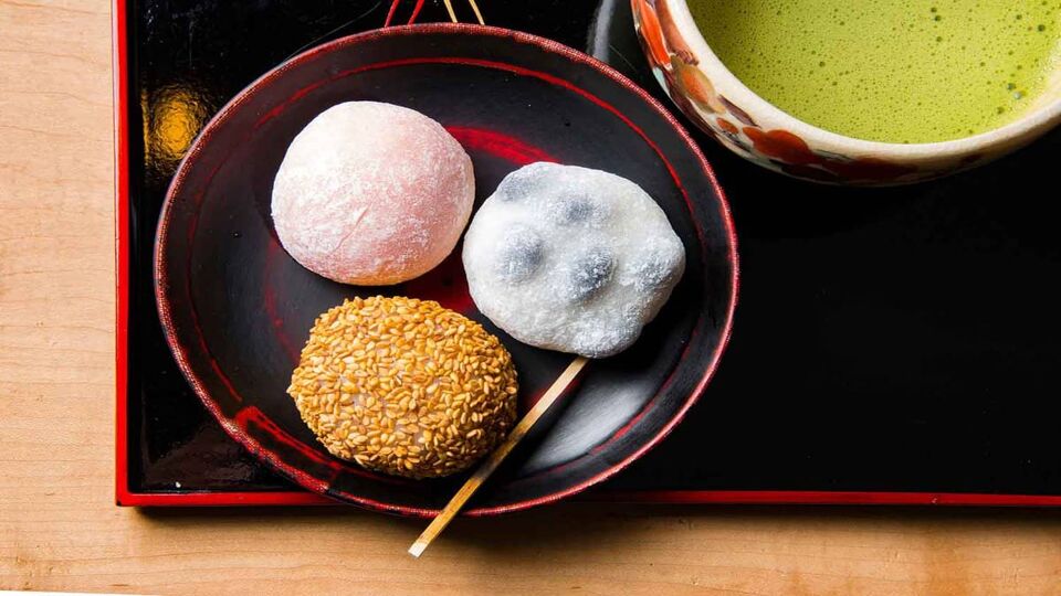 Bowl of Japanese sweets and tea