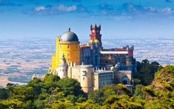 view of the beautiful, colourful Palace of Pena