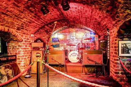 Underground room with the Beatle's drumkit, showing where they would play