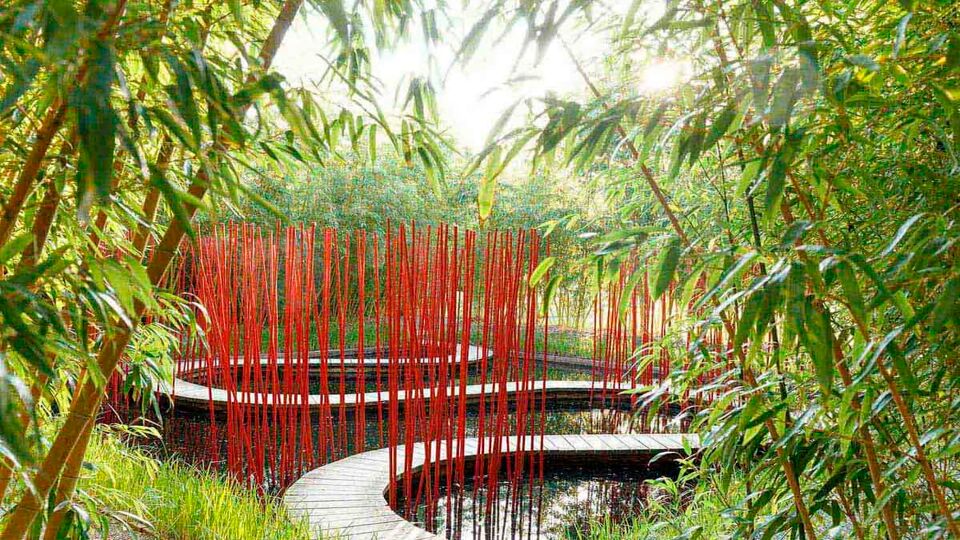 STrange red sticks sticking out of ground around a pathway through a pond