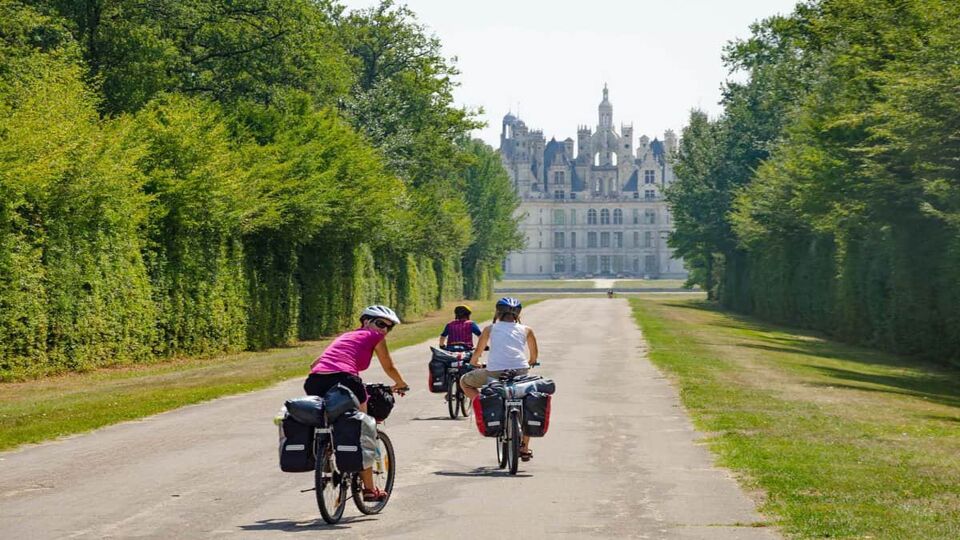 Three cyclists, cycling down a road in Loire Valley towards Chateau Chambord