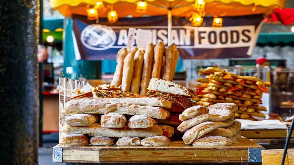 Close up of a stall selling artisanal breads