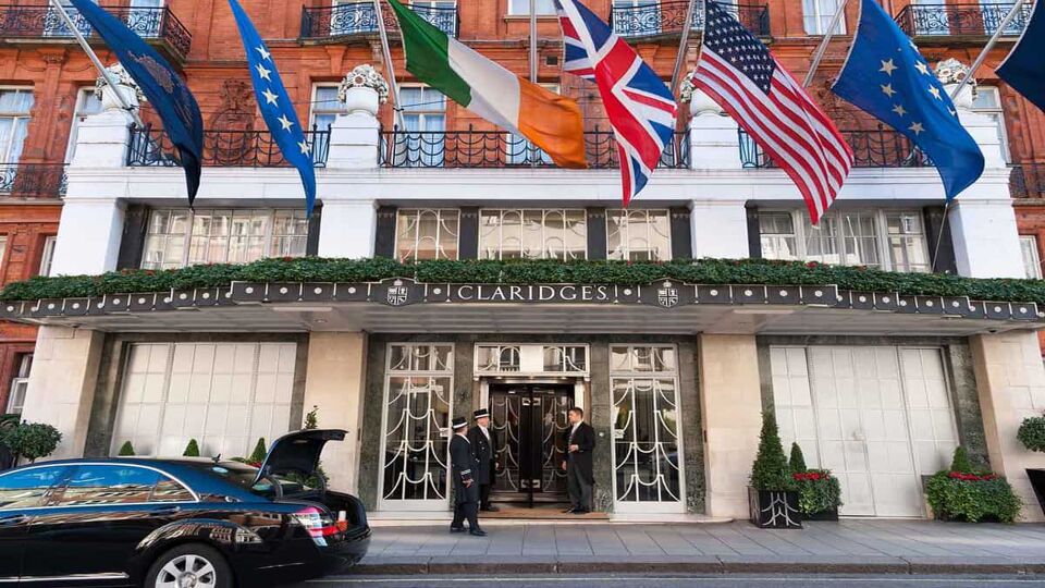 External front entrance of Claridge's Hotel in Mayfair, London