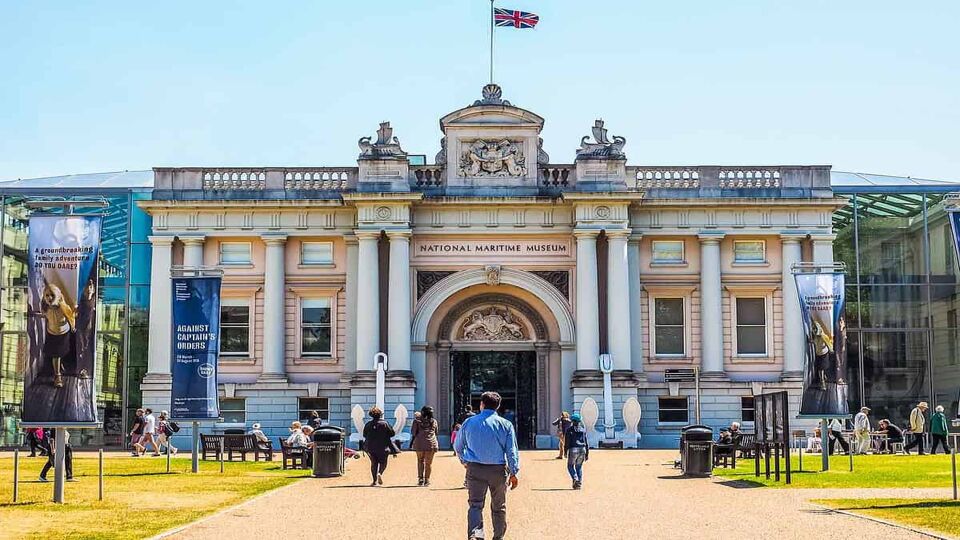 Front entrance with tourists visiting the Maritime Museum in Greenwich (HDR)