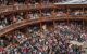 Aerial view looking down on the stalls filled with audience