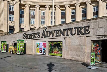Exterior of building and entrance to Shreks adventure in London