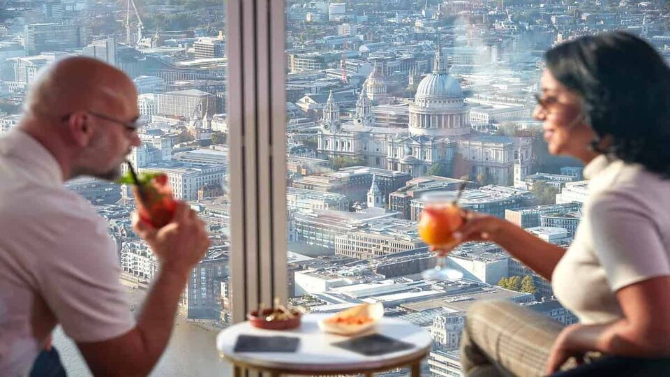 couple taking afternoon tea on observation deck of The Shard