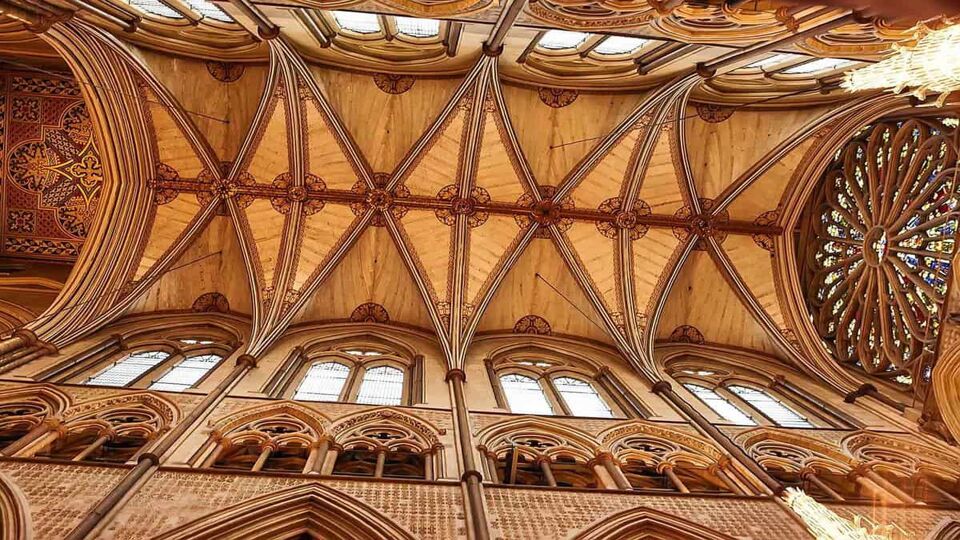 Looking up to the vaulted ceiling