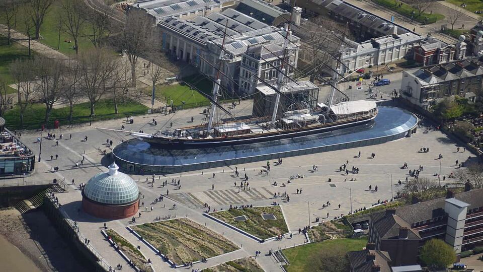 Daytime aerial view of the ship
