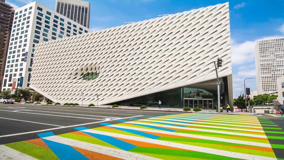 The Broad in downtown LA with a colorful crosswalk by Artist Carlos Cruz-Diez on Grand Avenue. The Broad is a contemporary art museum named after Eli Broad.