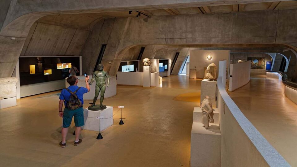 An exhibition room with Roman artefacts