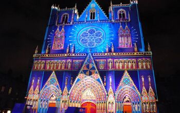 Saint-Jean Cathedrale lit up in multi-colours