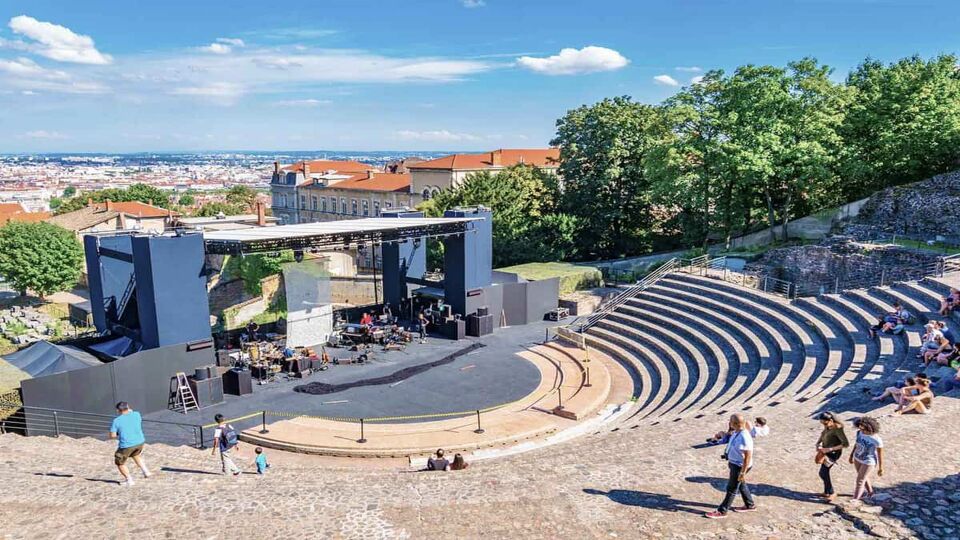 Daytime view of the stage and the amphitheater, setting up for the evening show