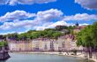 View down the Saone River showing colourful, classic architecture on either side
